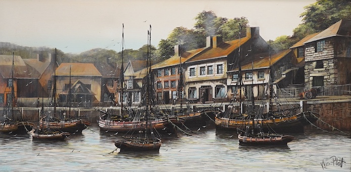 Kevin Platt (b.1945), oil on canvas, Harbour view with moored fishing boats, signed, 49 x 100cm. Condition - good